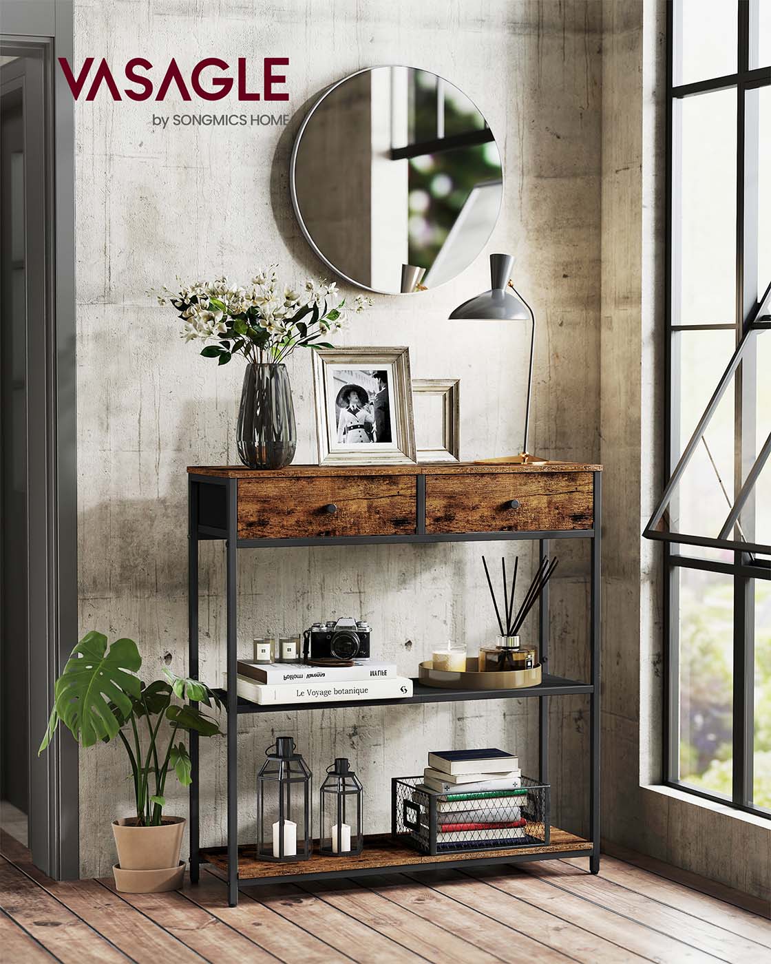 Console Table - Wood - Rustic Brown - 2 Fabric Drawers