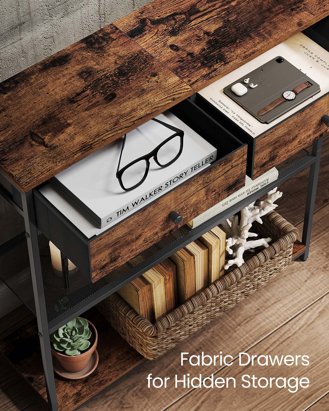 Console Table - Wood - Rustic Brown - 2 Fabric Drawers