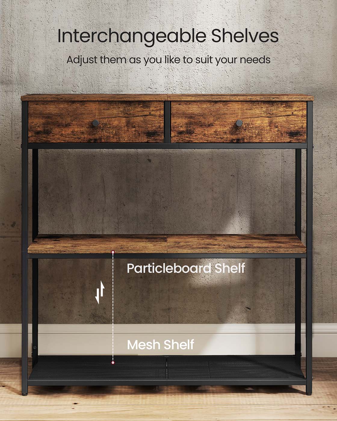 Console Table - Wood - Rustic Brown - 2 Fabric Drawers