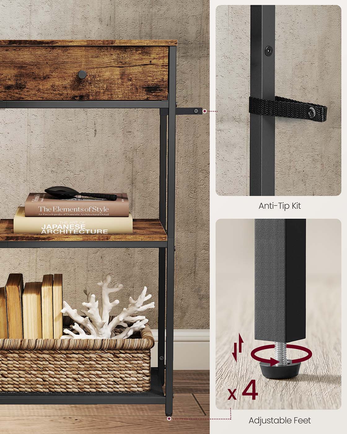 Console Table - Wood - Rustic Brown - 2 Fabric Drawers