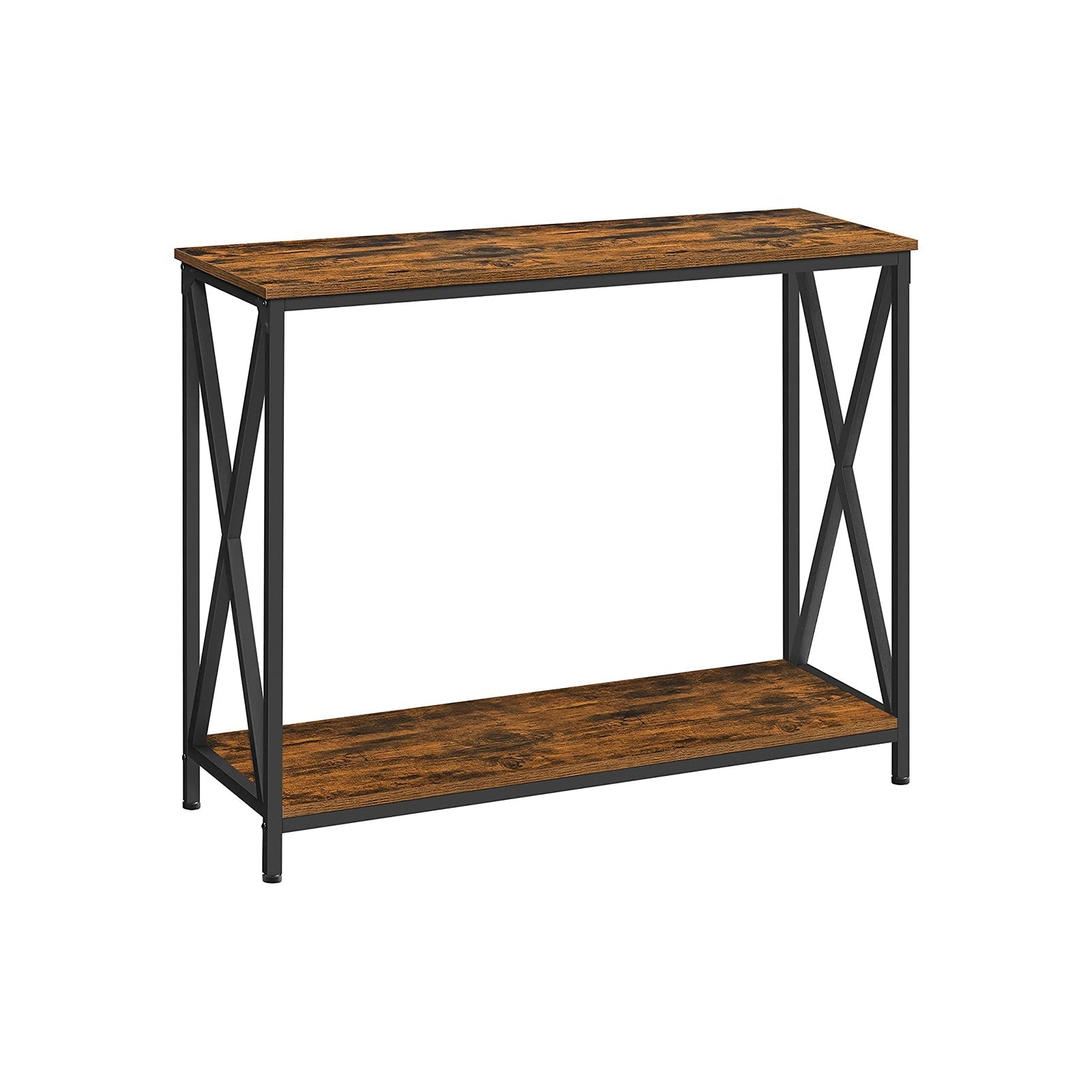 Industrial Console Table - 2-Tier Design with X-Bars - Wood - Rustic Brown and Black