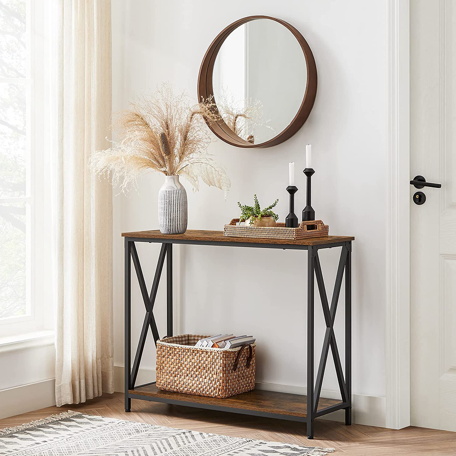 Industrial Console Table - 2-Tier Design with X-Bars - Wood - Rustic Brown and Black