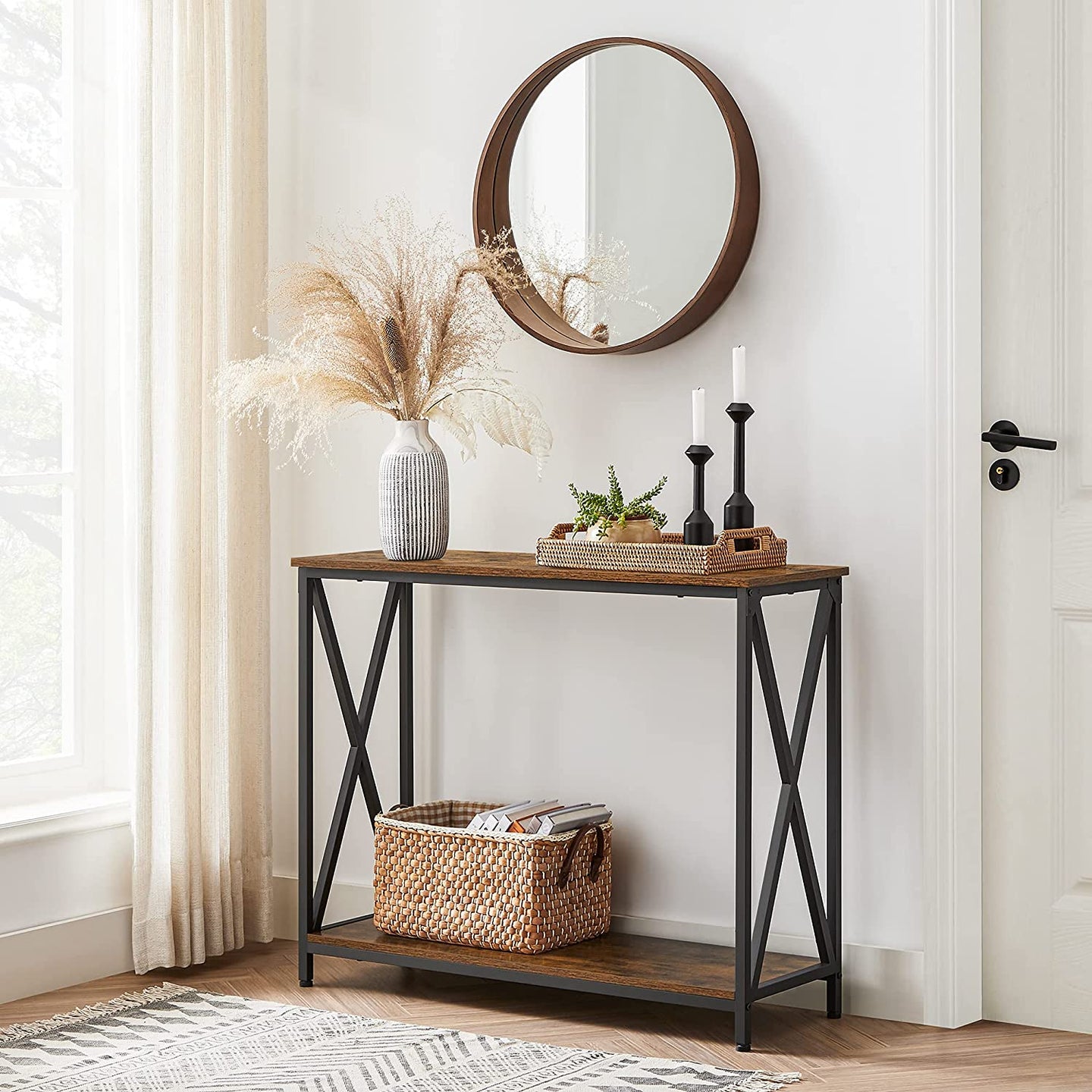 Industrial Console Table - 2-Tier Design with X-Bars - Wood - Rustic Brown and Black
