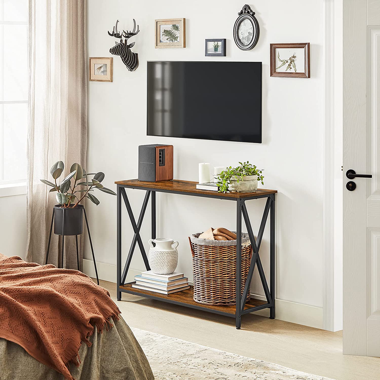 Industrial Console Table - 2-Tier Design with X-Bars - Wood - Rustic Brown and Black