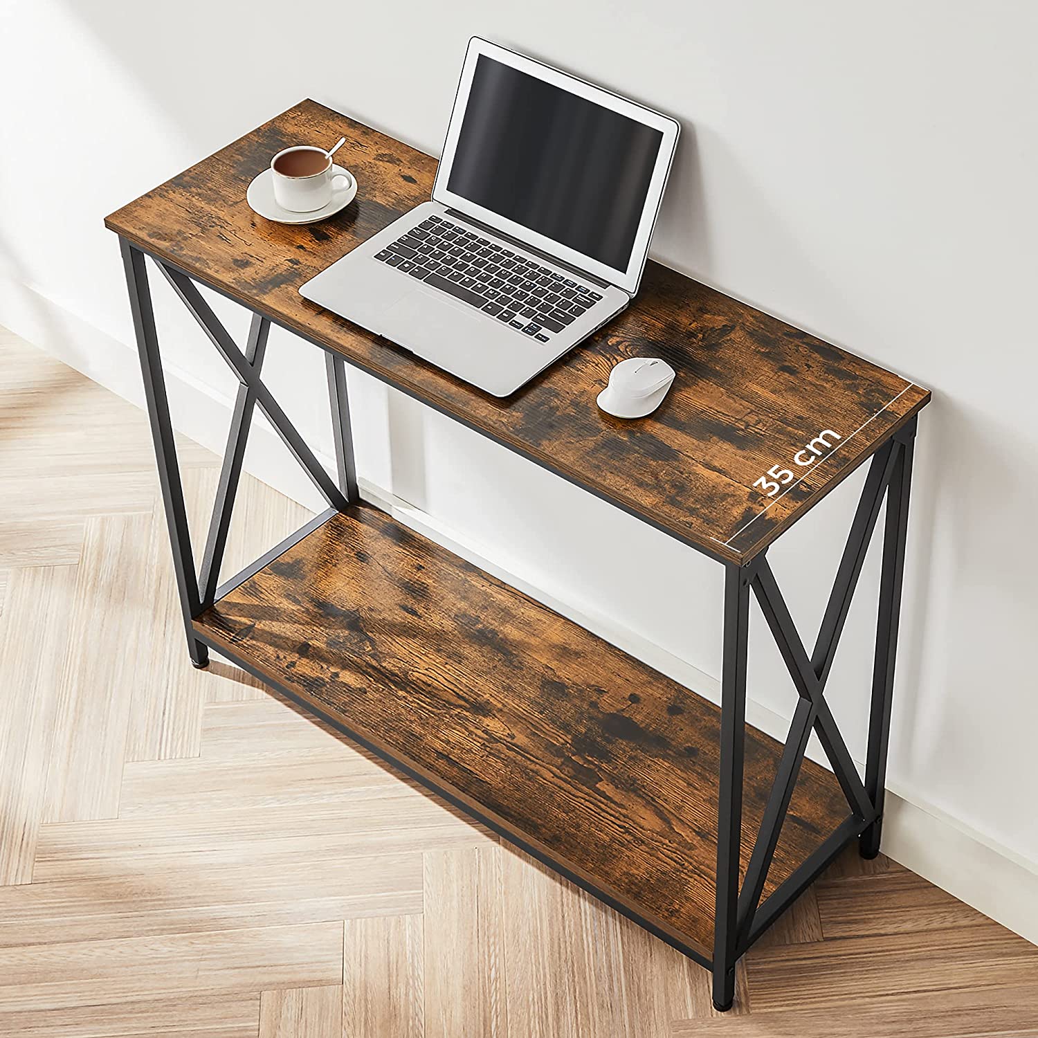 Industrial Console Table - 2-Tier Design with X-Bars - Wood - Rustic Brown and Black