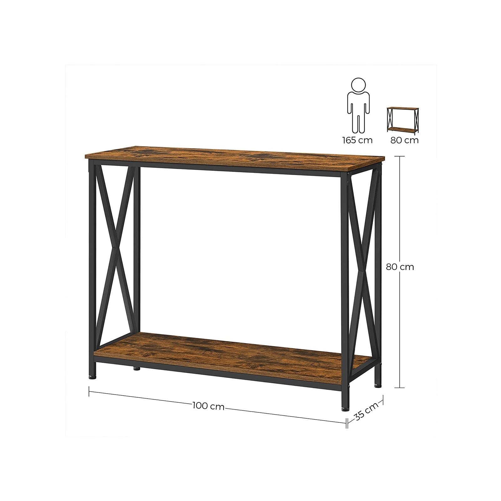 Industrial Console Table - 2-Tier Design with X-Bars - Wood - Rustic Brown and Black