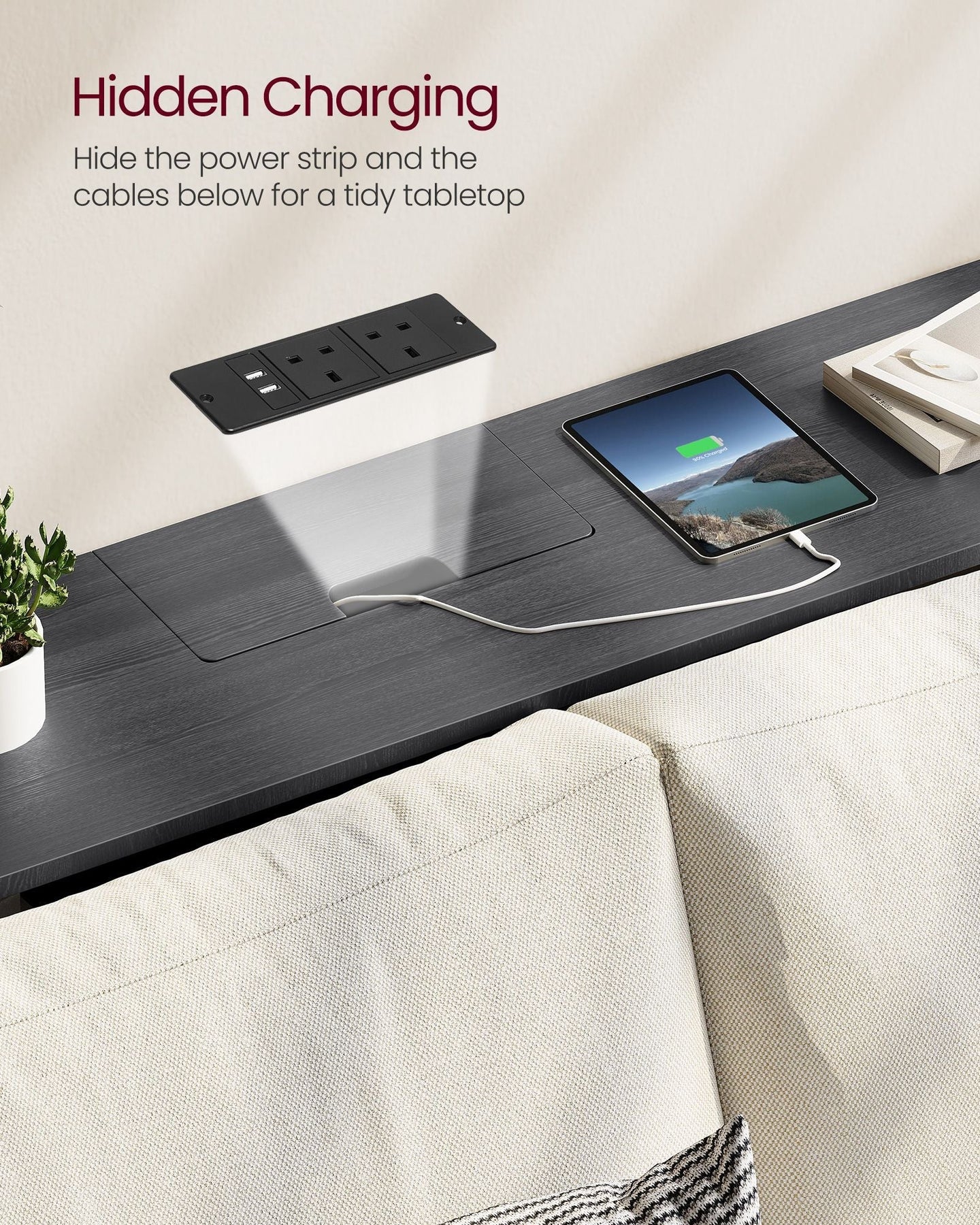Slim Console Table - Wood - Charcoal Grey - Space-Saving with Charging Station
