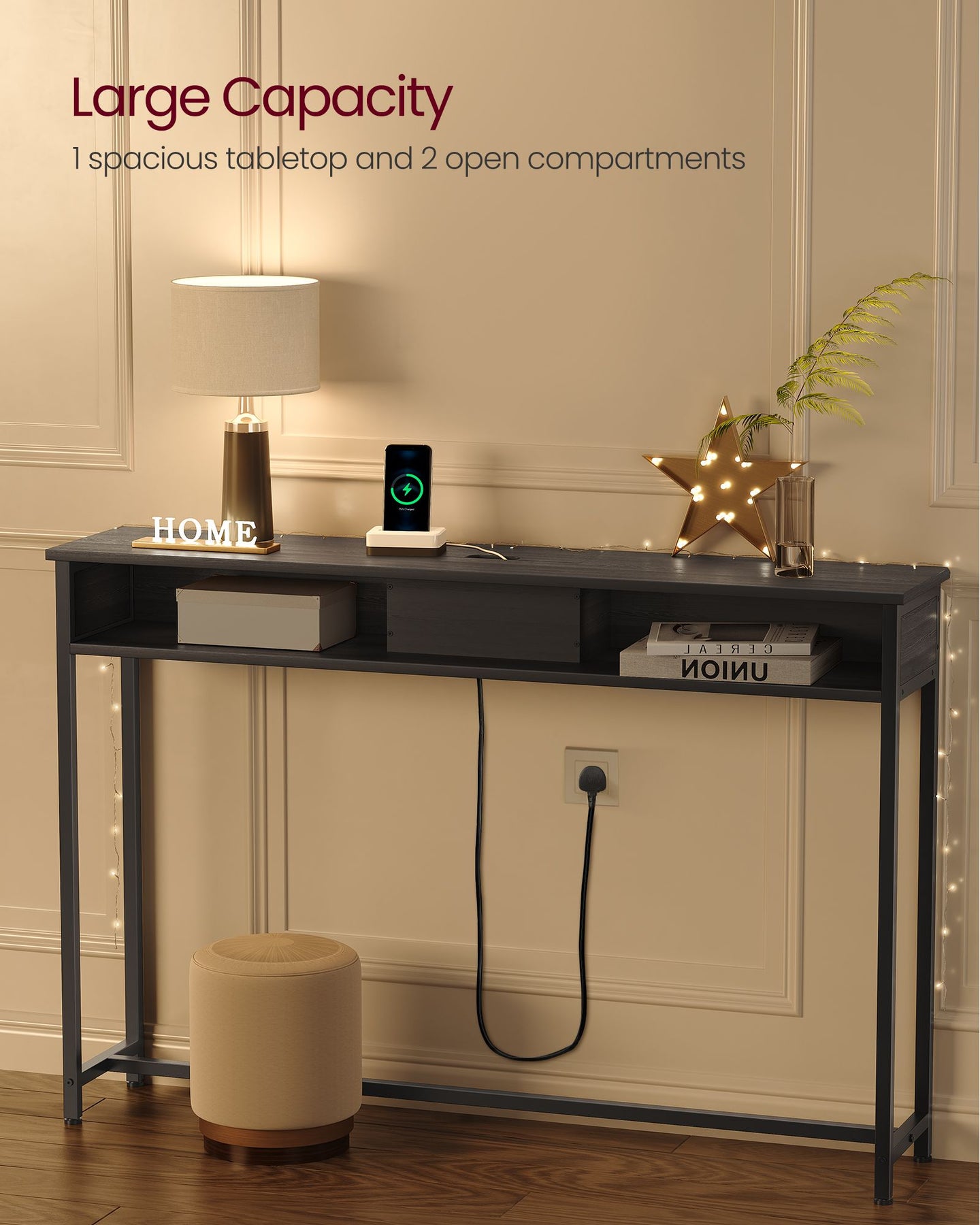 Slim Console Table - Wood - Charcoal Grey - Space-Saving with Charging Station