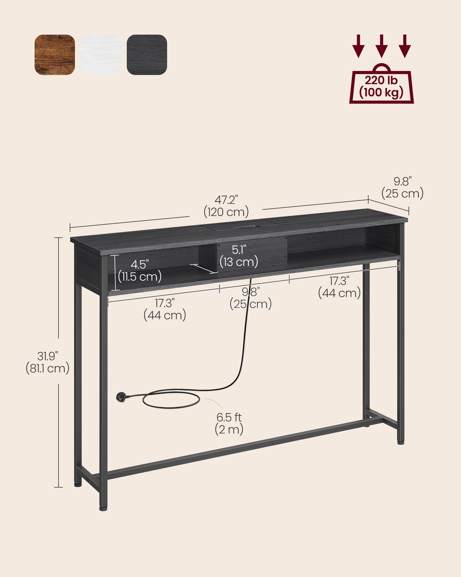 Slim Console Table - Wood - Charcoal Grey - Space-Saving with Charging Station