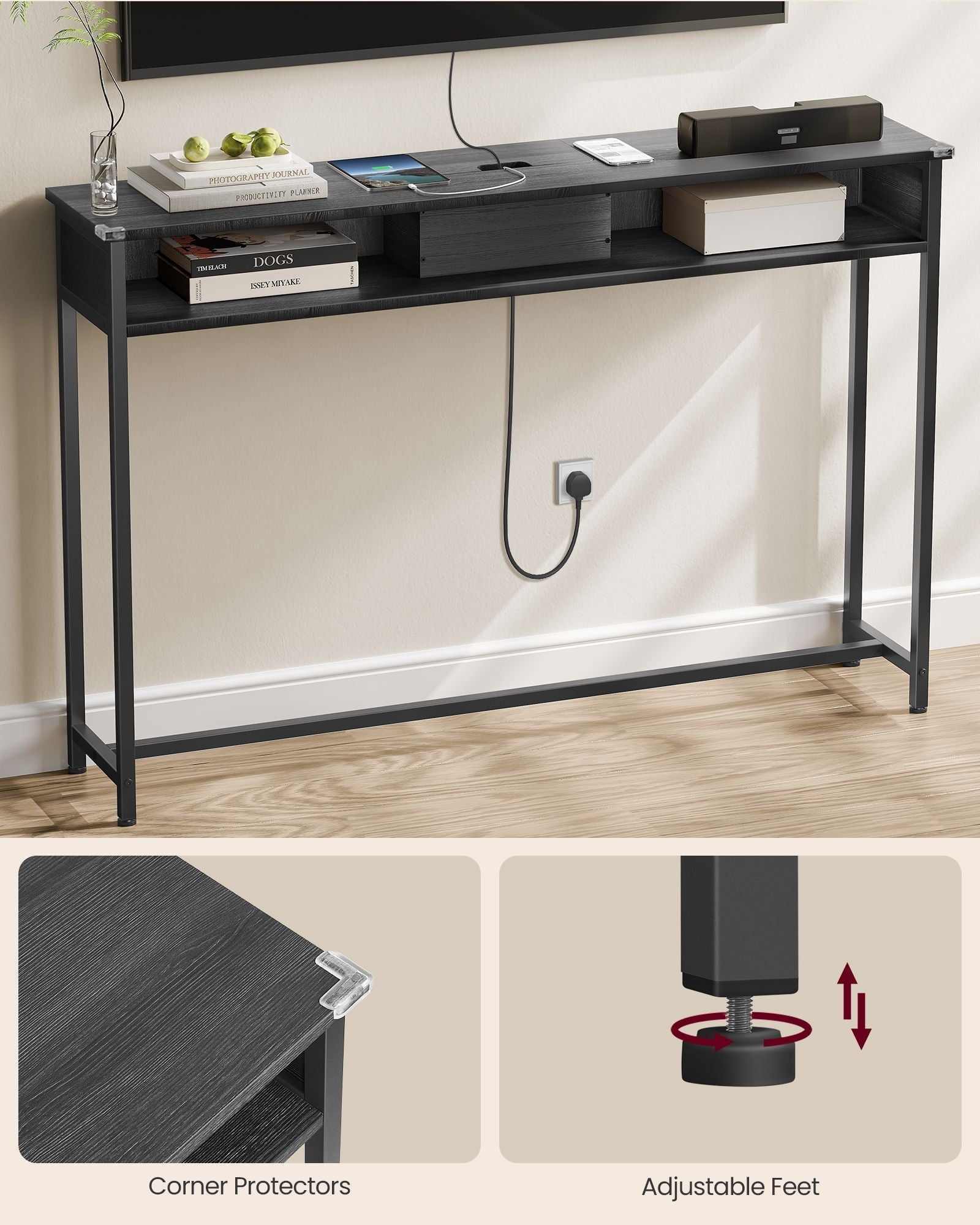 Slim Console Table - Wood - Charcoal Grey - Space-Saving with Charging Station
