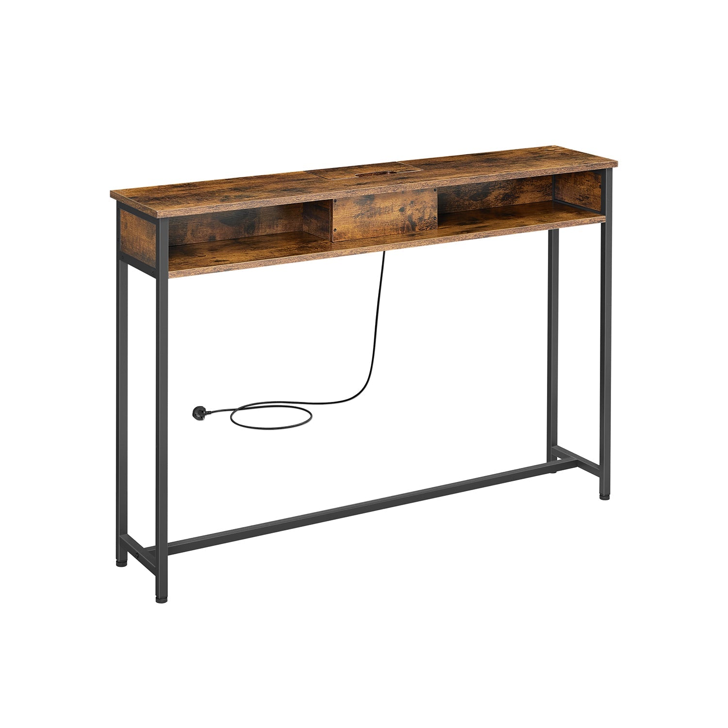 Slim Console Table - Wood - Rustic Brown - Space-Saving with Charging Station