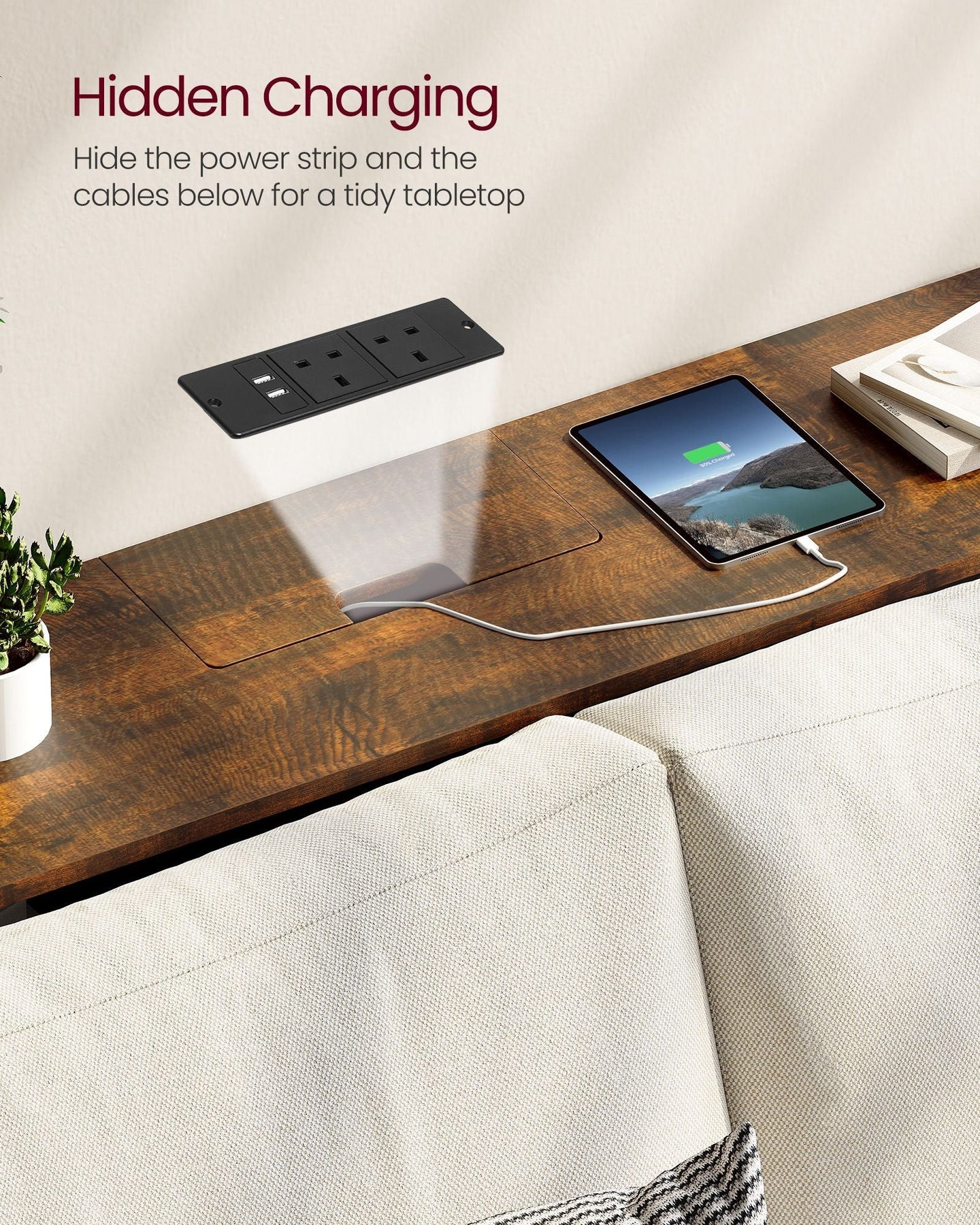 Slim Console Table - Wood - Rustic Brown - Space-Saving with Charging Station