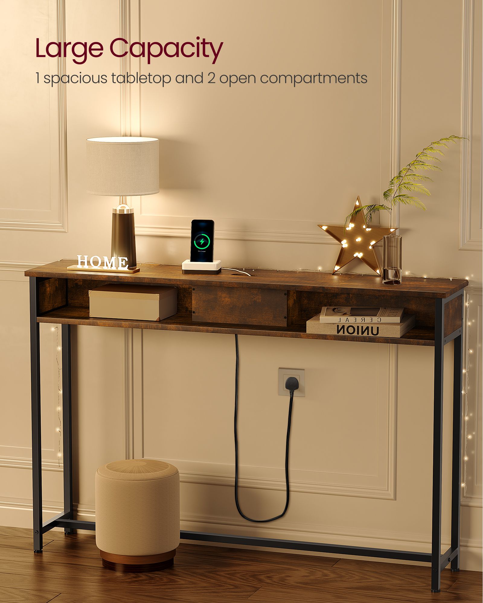 Slim Console Table - Wood - Rustic Brown - Space-Saving with Charging Station