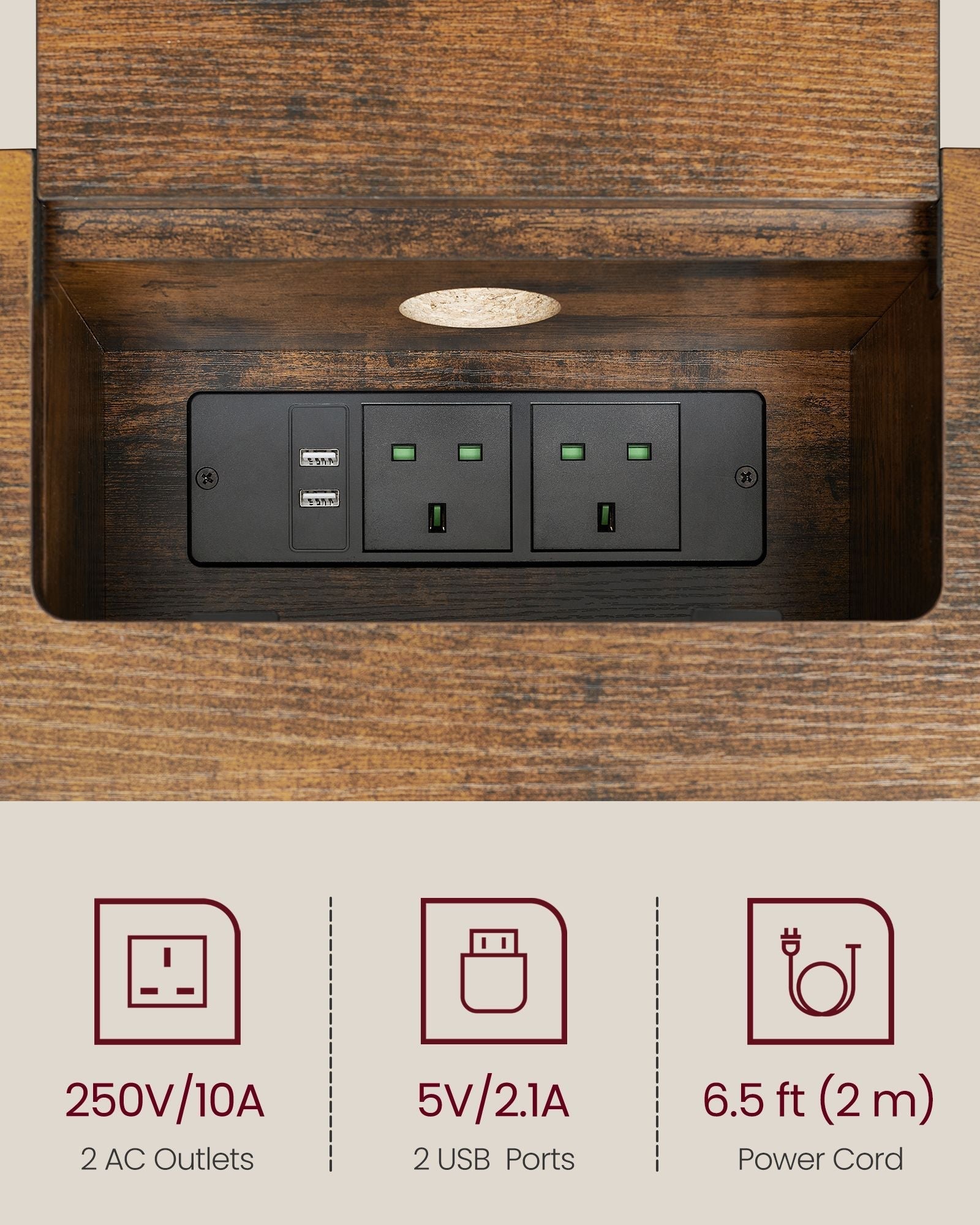 Slim Console Table - Wood - Rustic Brown - Space-Saving with Charging Station