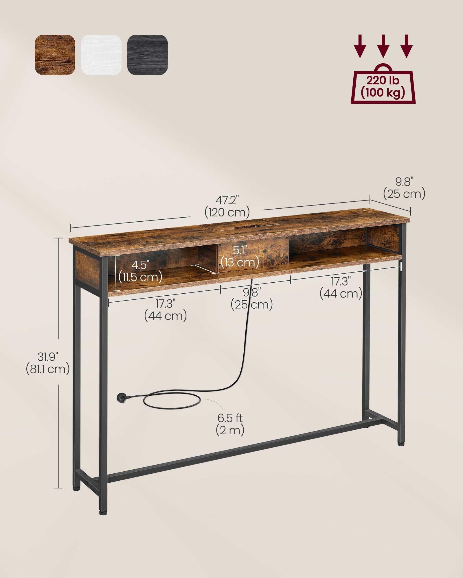 Slim Console Table - Wood - Rustic Brown - Space-Saving with Charging Station