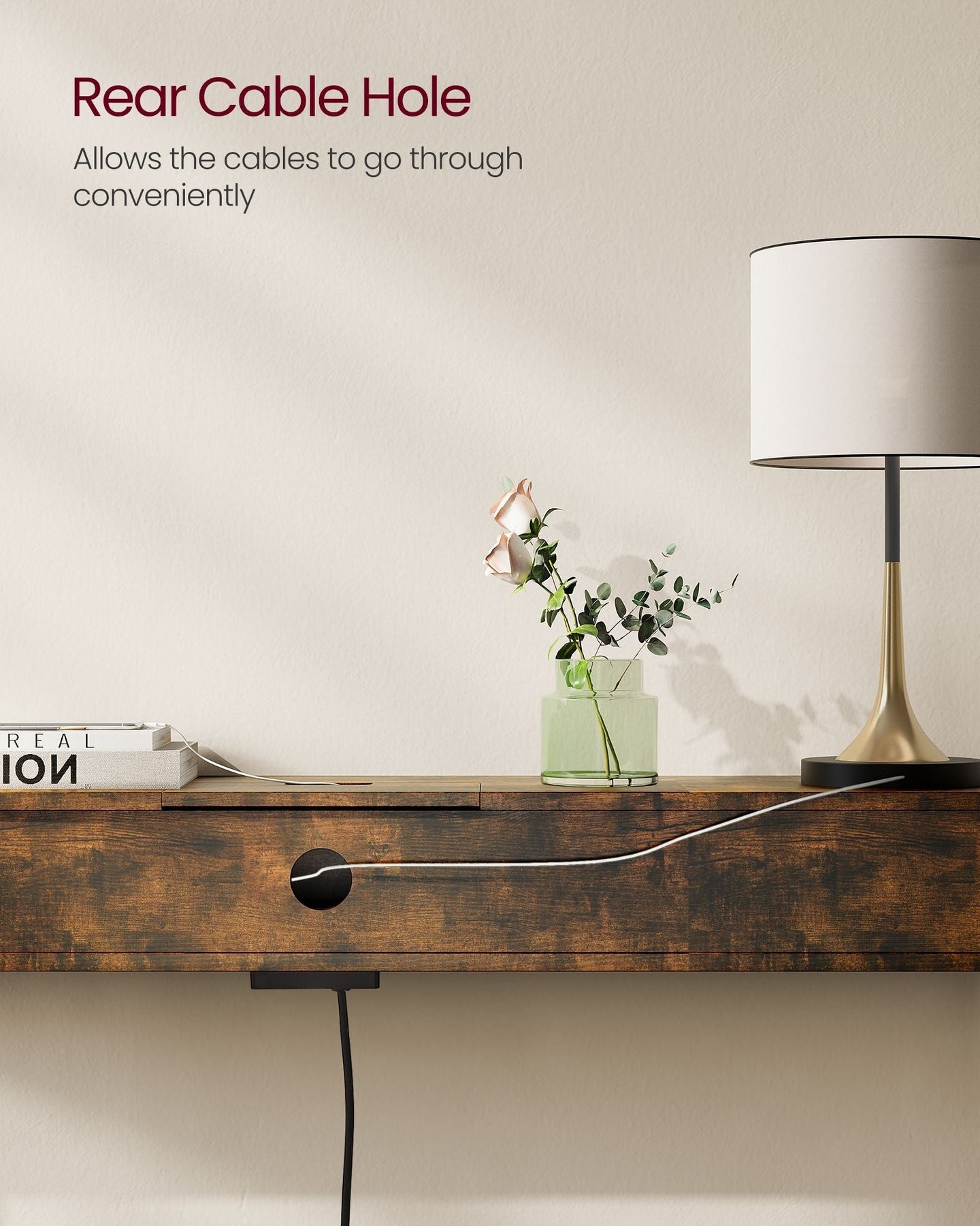 Slim Console Table - Wood - Rustic Brown - Space-Saving with Charging Station
