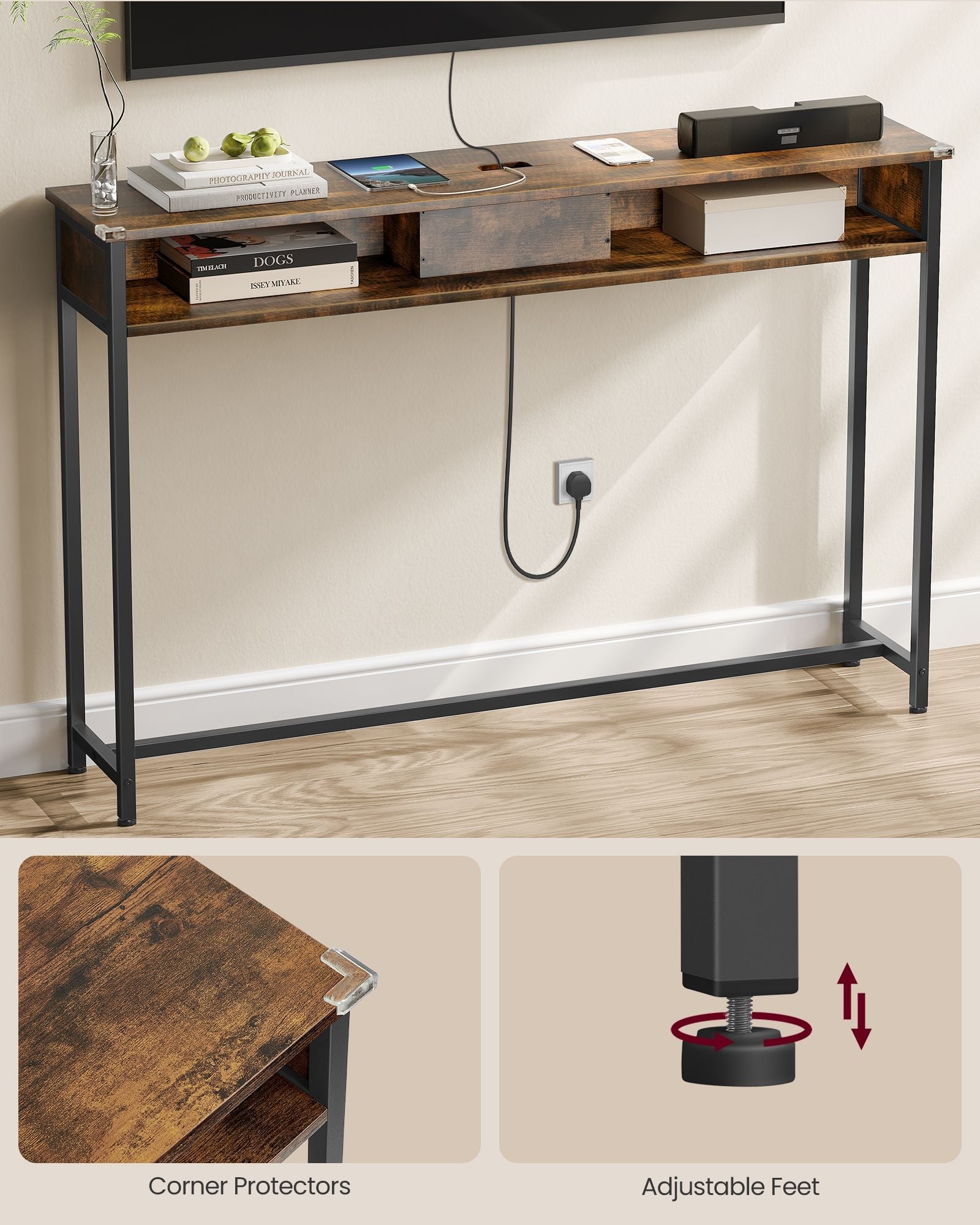 Slim Console Table - Wood - Rustic Brown - Space-Saving with Charging Station