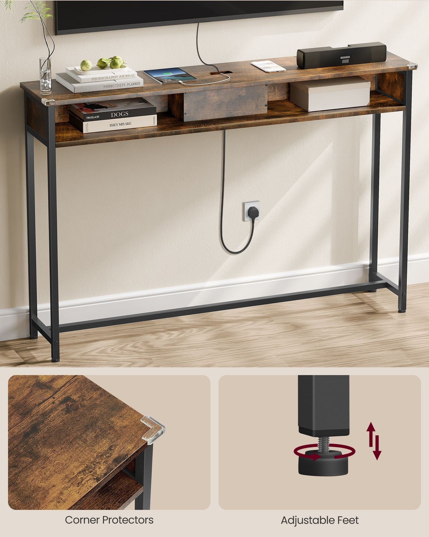 Slim Console Table - Wood - Rustic Brown - Space-Saving with Charging Station