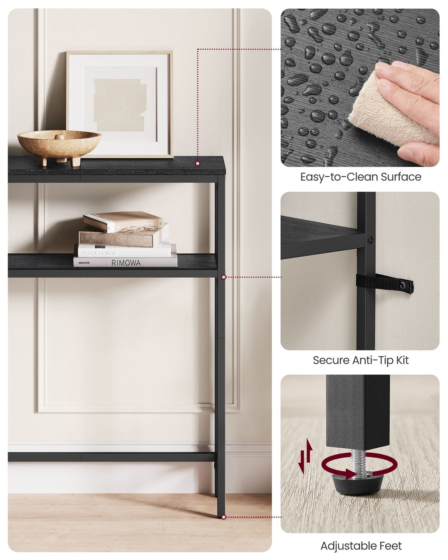 2-Tier Slim Console Table - 2 Shelves for Hallway - Engineered Wood - Charcoal Grey