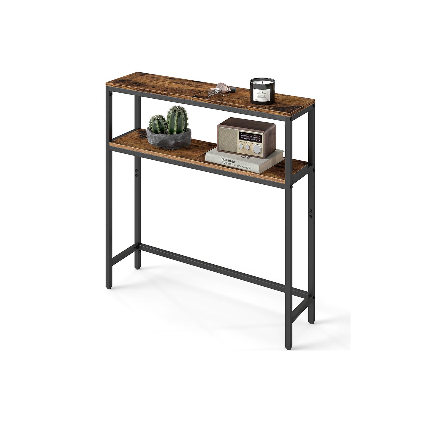 2-Tier Console Table - Wood - Rustic Brown - Slim Design with Shelves