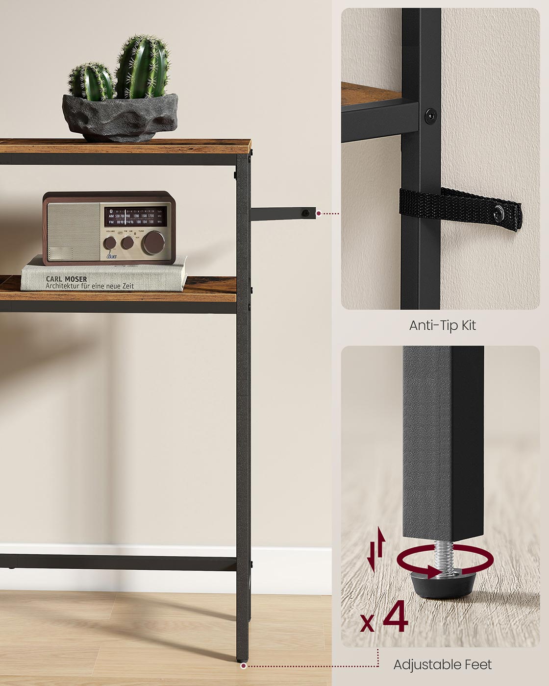 2-Tier Console Table - Wood - Rustic Brown - Slim Design with Shelves