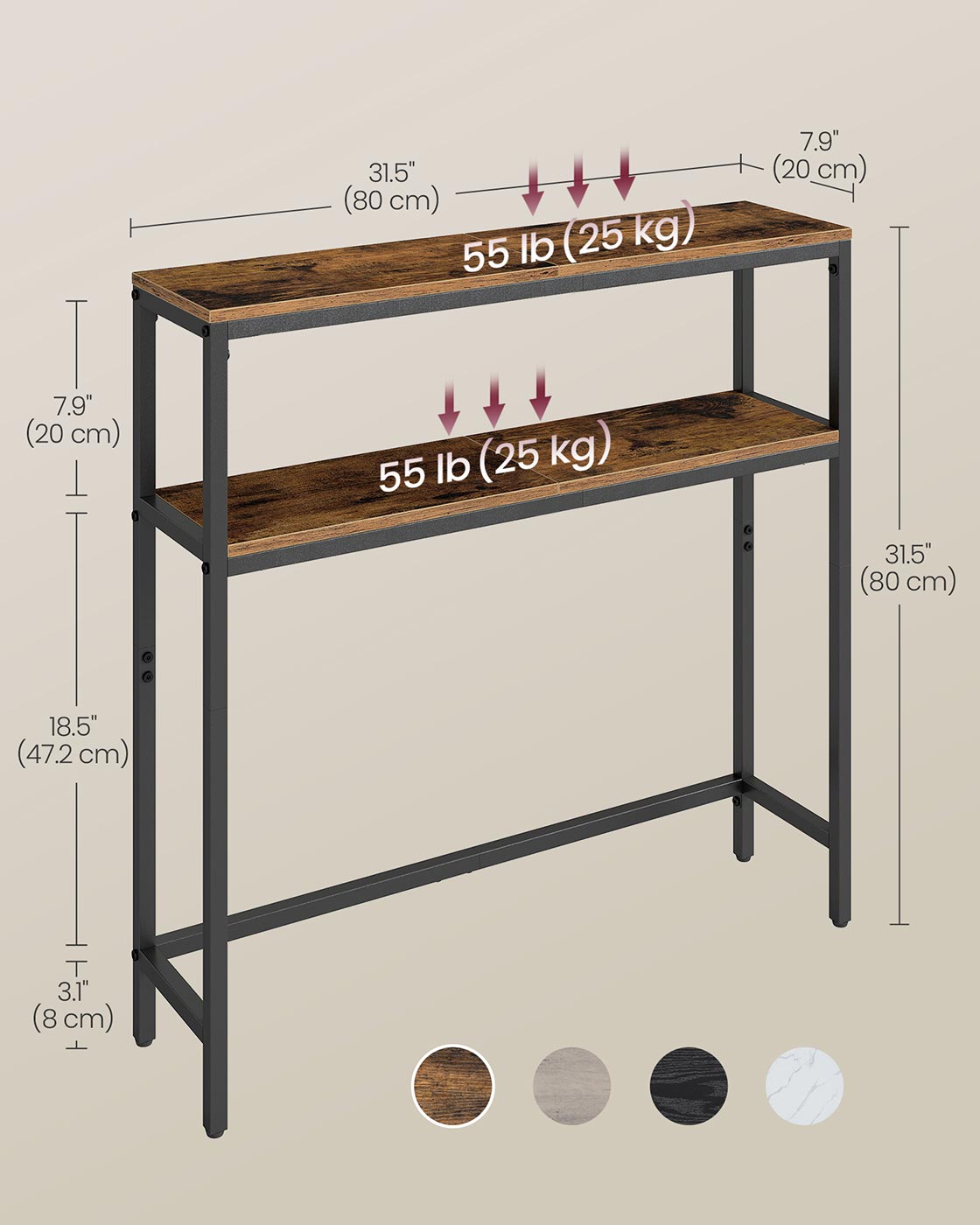 2-Tier Console Table - Wood - Rustic Brown - Slim Design with Shelves