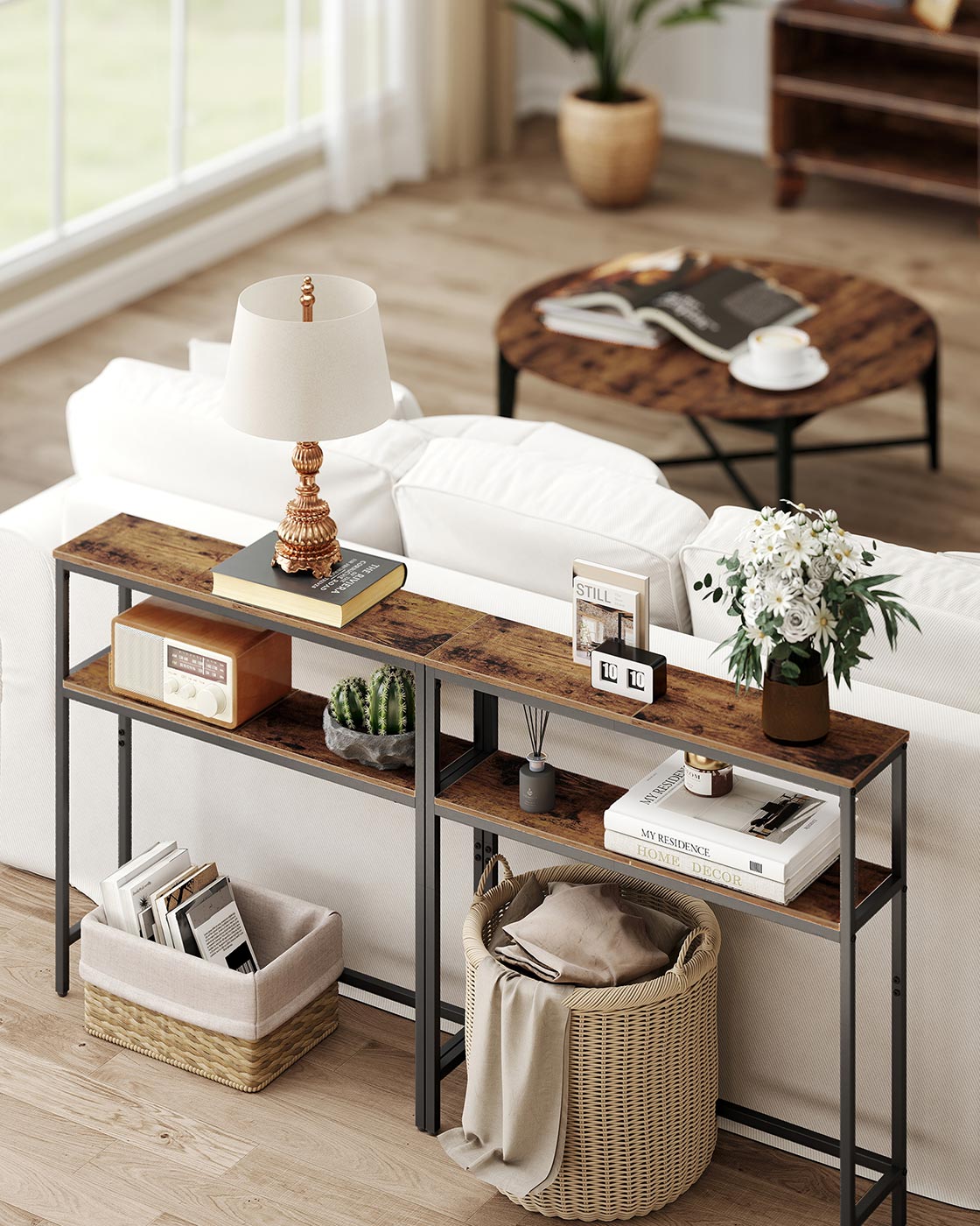2-Tier Console Table - Wood - Rustic Brown - Slim Design with Shelves