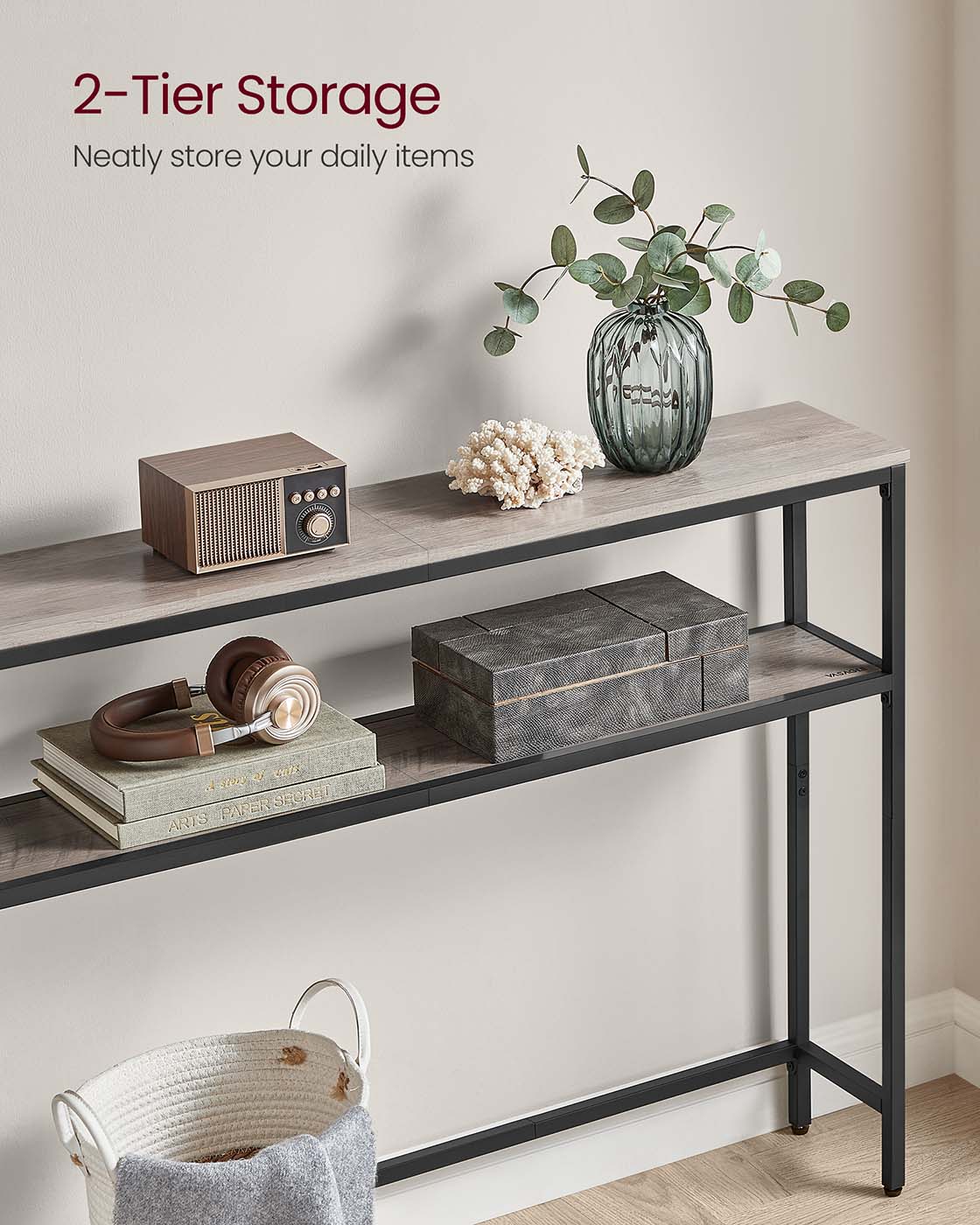 2-Tier Slim Console Table - MDF - Heather Greige - Hallway Table with 2 Shelves