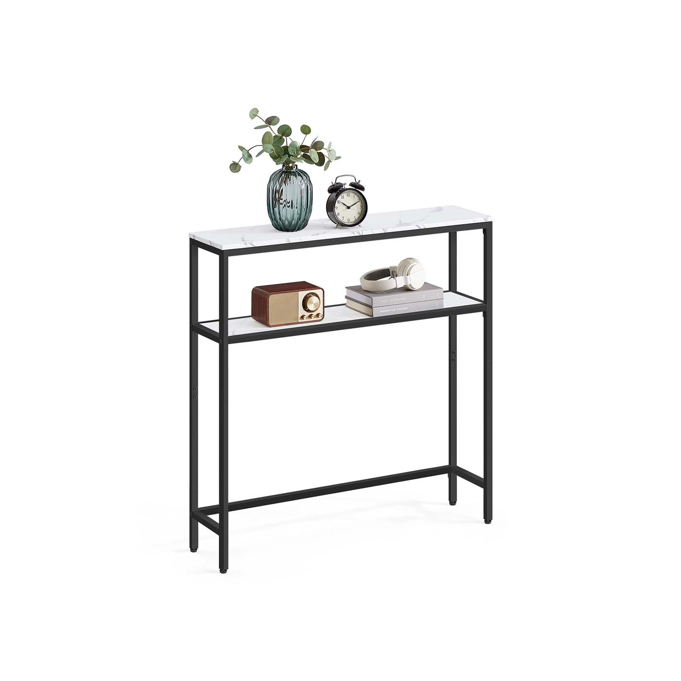 Console Table - Marble - White and Ink Black - 2-Tier Design with Shelves