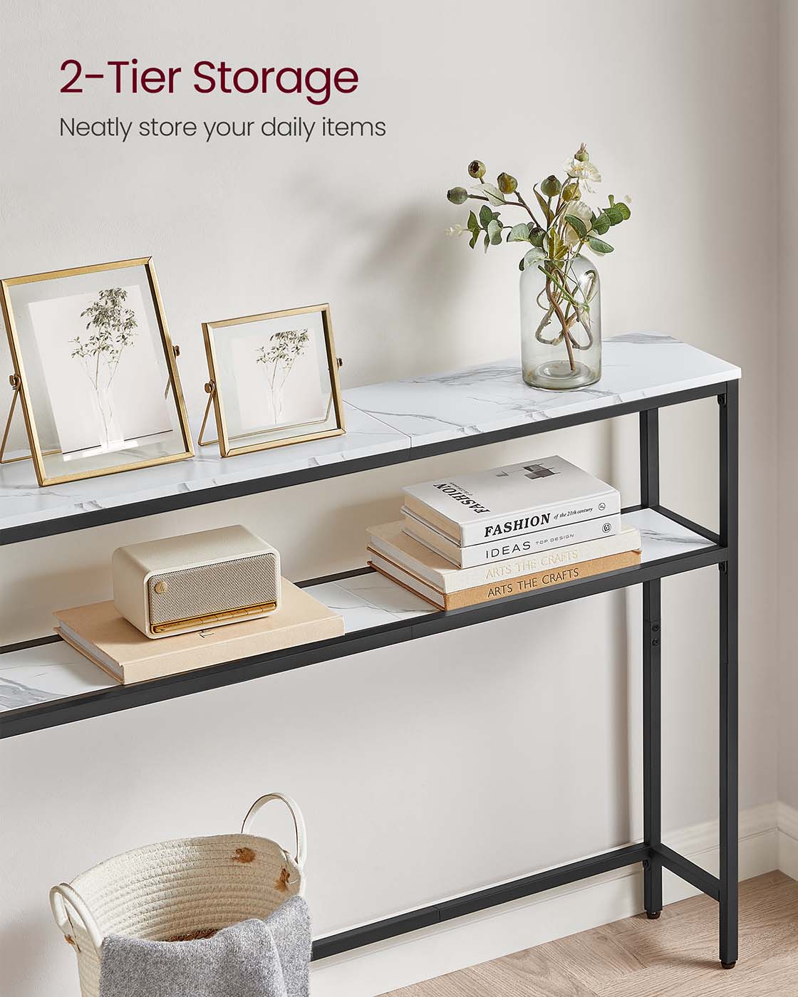 Console Table - Marble - White and Ink Black - 2-Tier Design with Shelves