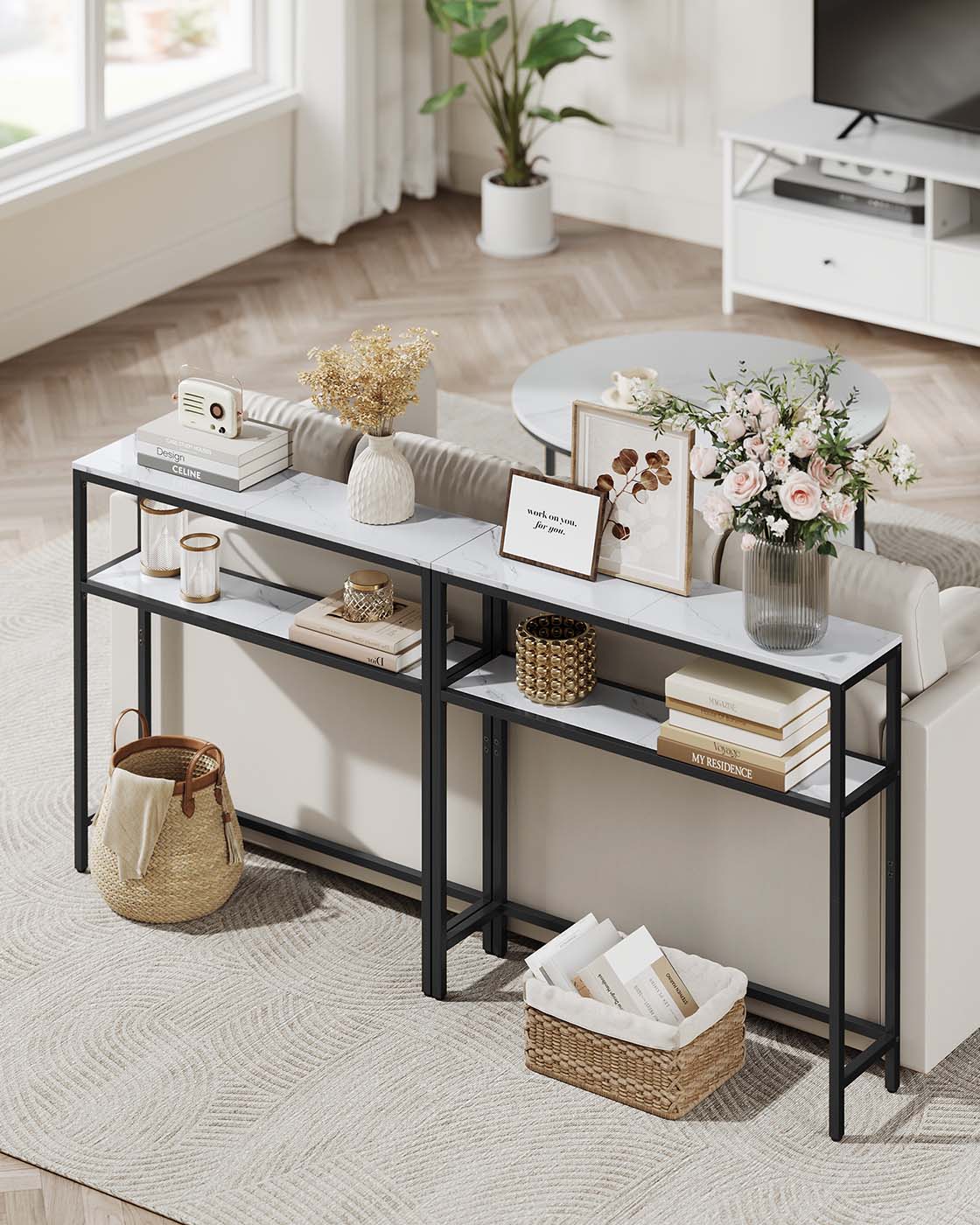 Console Table - Marble - White and Ink Black - 2-Tier Design with Shelves