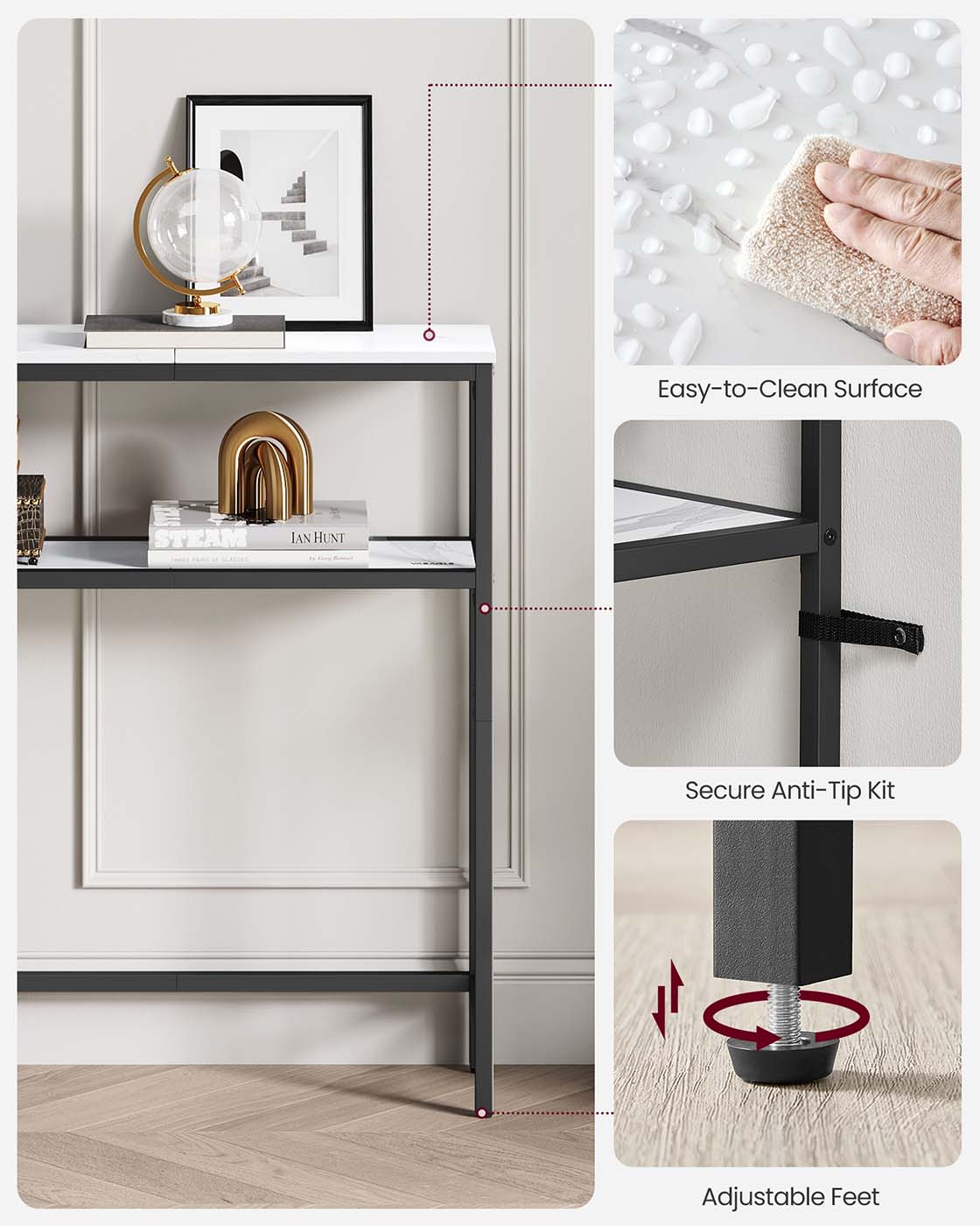 Console Table - Marble - White and Ink Black - 2-Tier Design with Shelves
