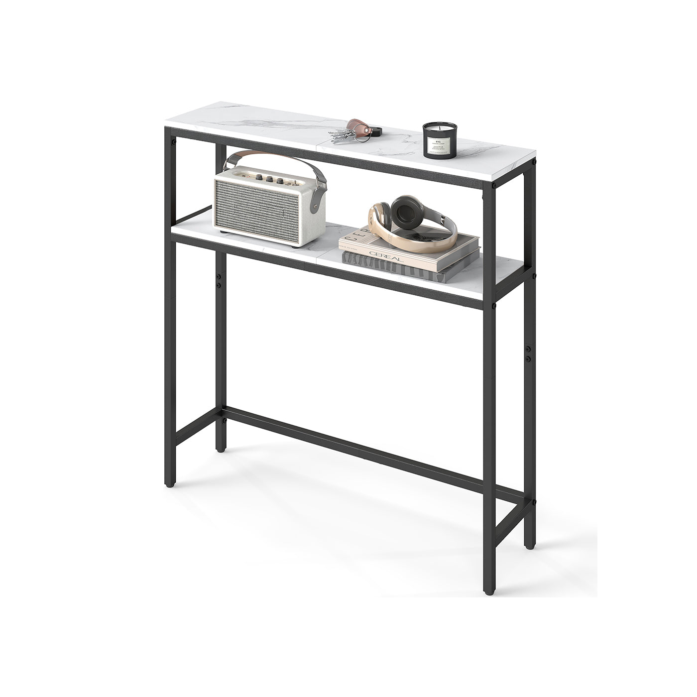 2-Tier Console Table - Marble - White and Black - Slim Design for Hallway