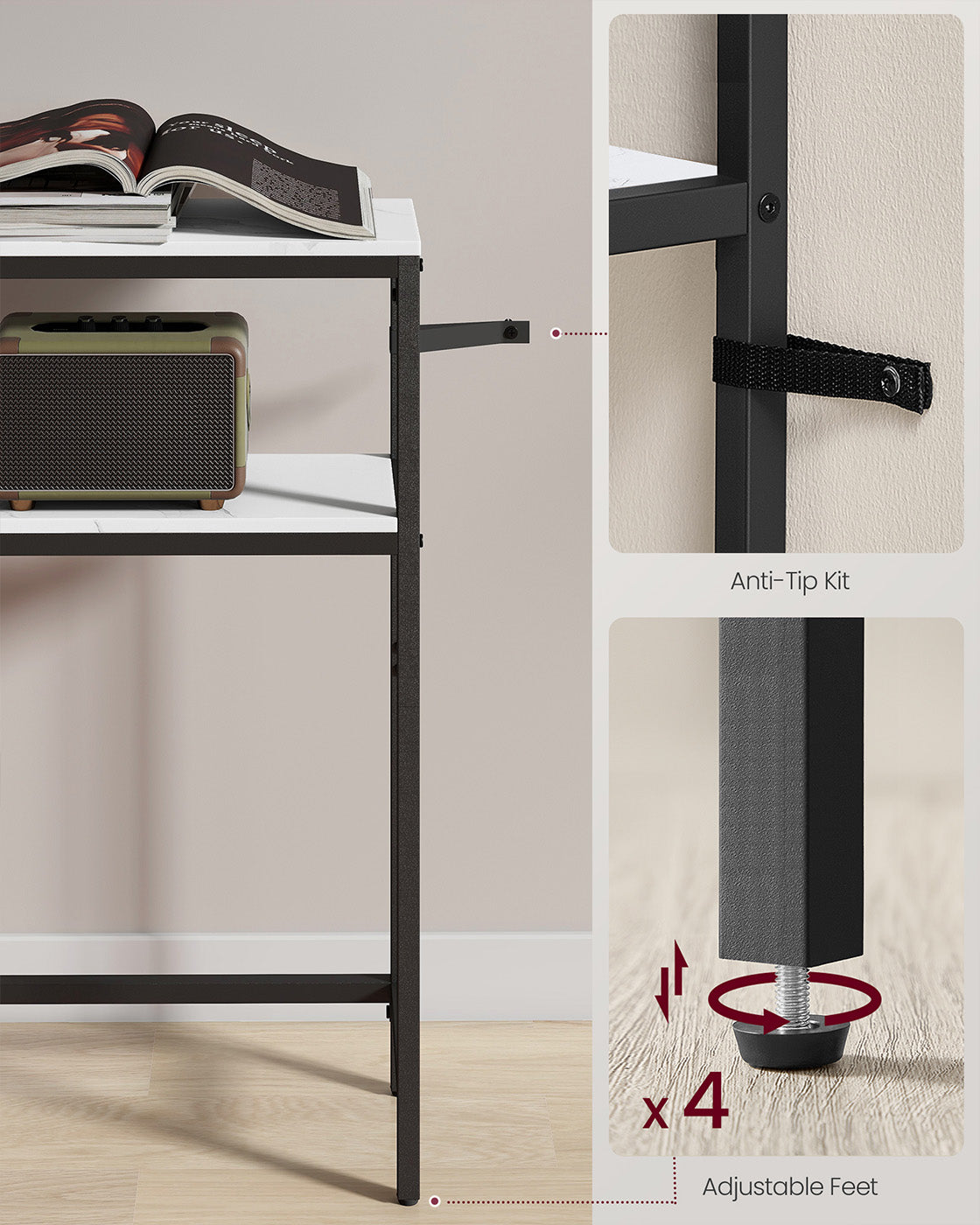 2-Tier Console Table - Marble - White and Black - Slim Design for Hallway