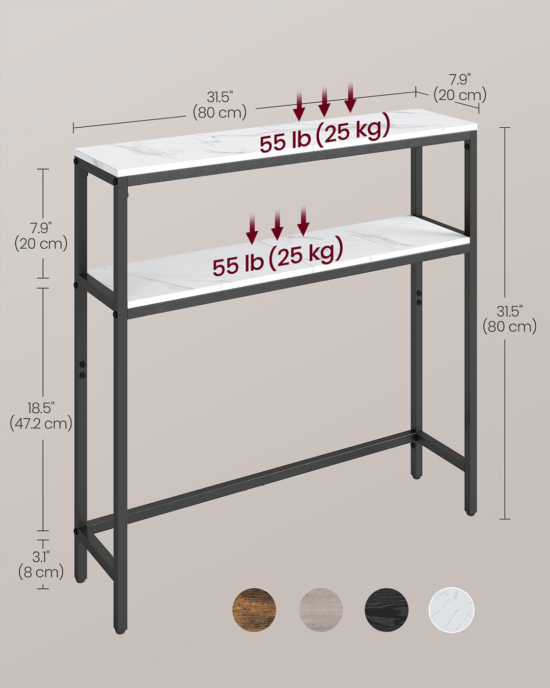 2-Tier Console Table - Marble - White and Black - Slim Design for Hallway