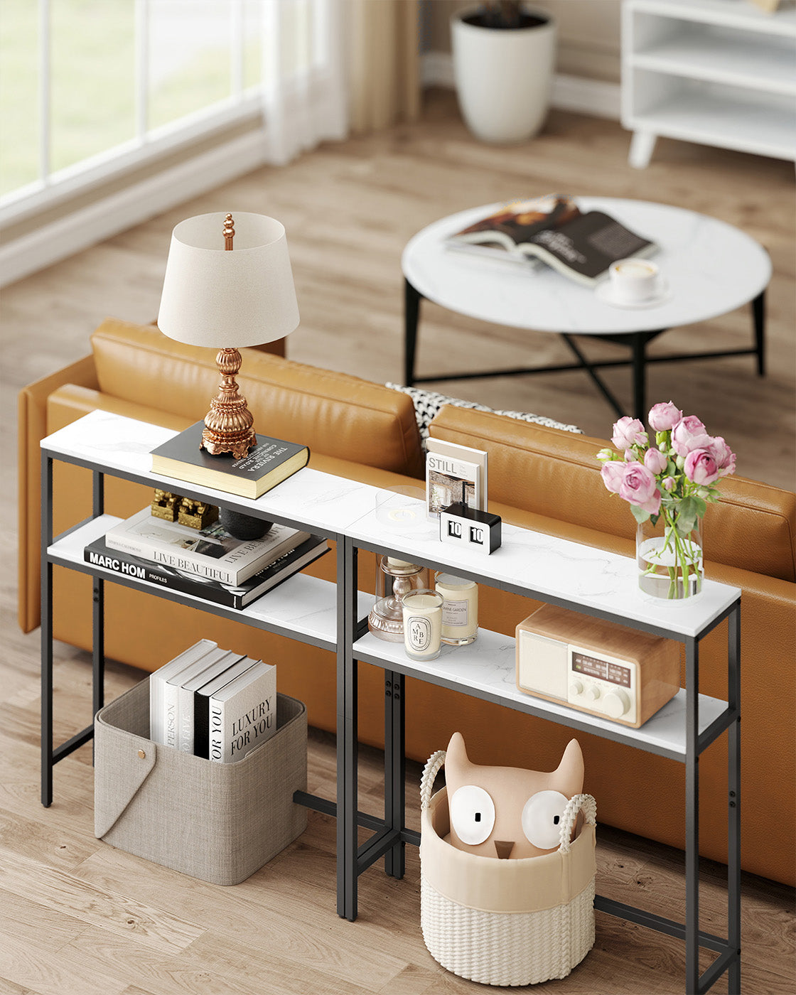 2-Tier Console Table - Marble - White and Black - Slim Design for Hallway