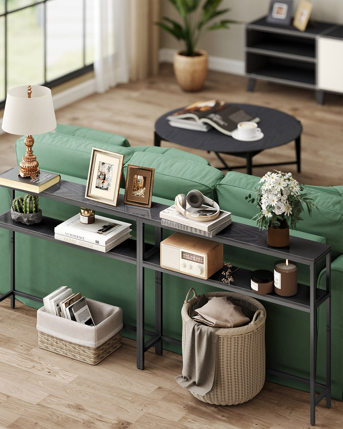 Console Table - Wood - Charcoal Grey - 2-Tier Design with 2 Shelves