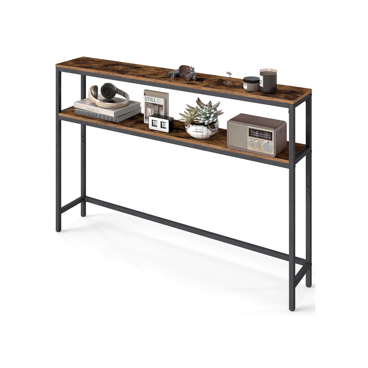 2-Tier Console Table - Wood - Rustic Brown - Slim Design with 2 Shelves