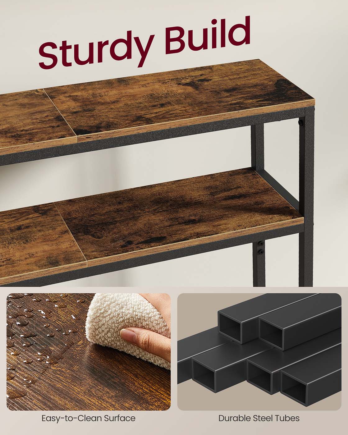 2-Tier Console Table - Wood - Rustic Brown - Slim Design with 2 Shelves