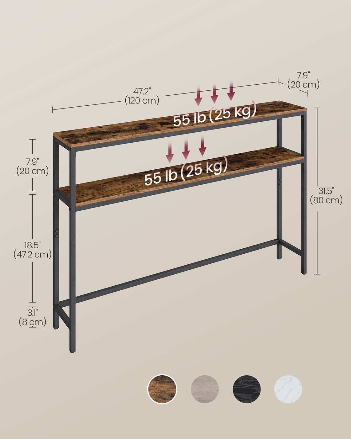 2-Tier Console Table - Wood - Rustic Brown - Slim Design with 2 Shelves