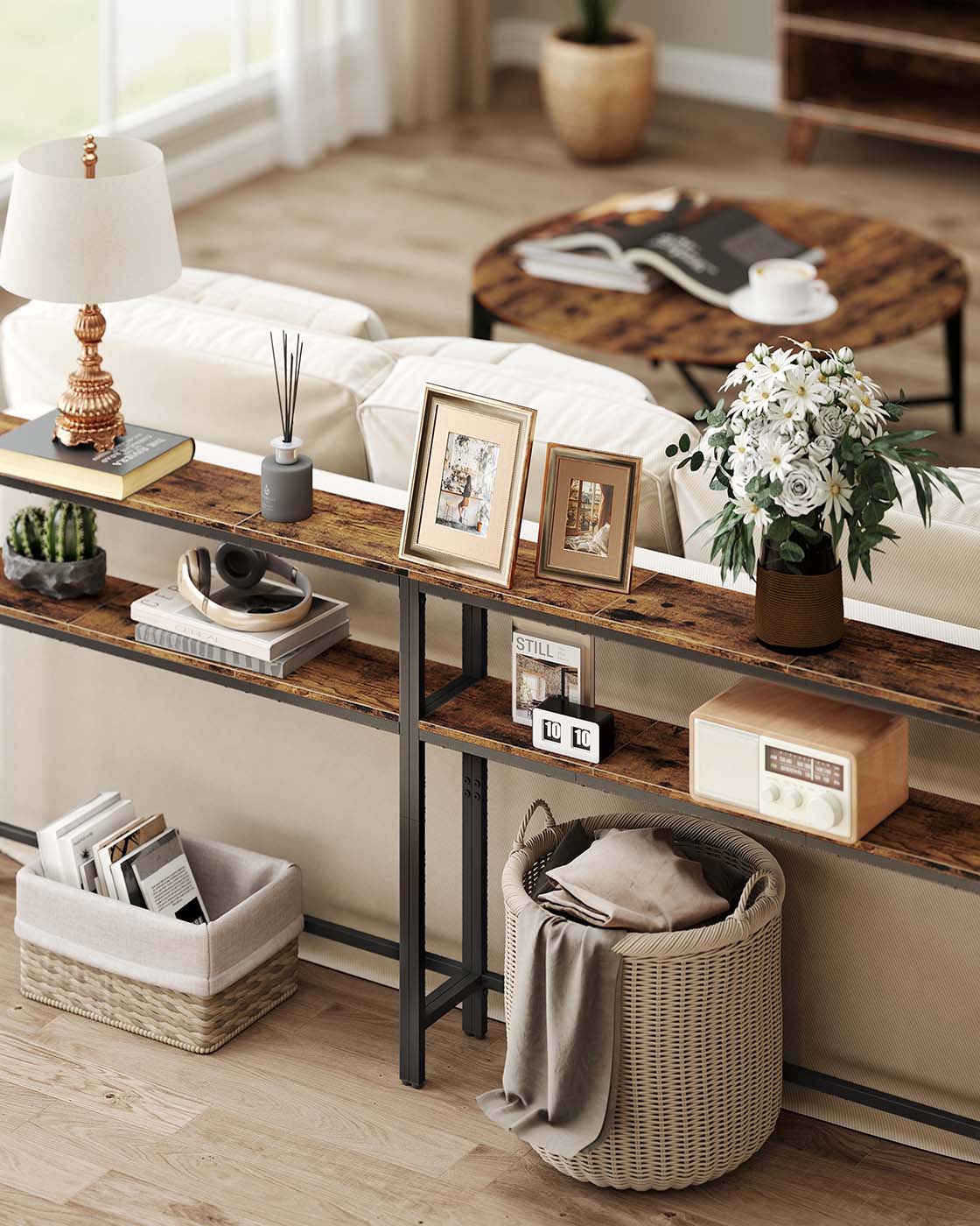 2-Tier Console Table - Wood - Rustic Brown - Slim Design with 2 Shelves