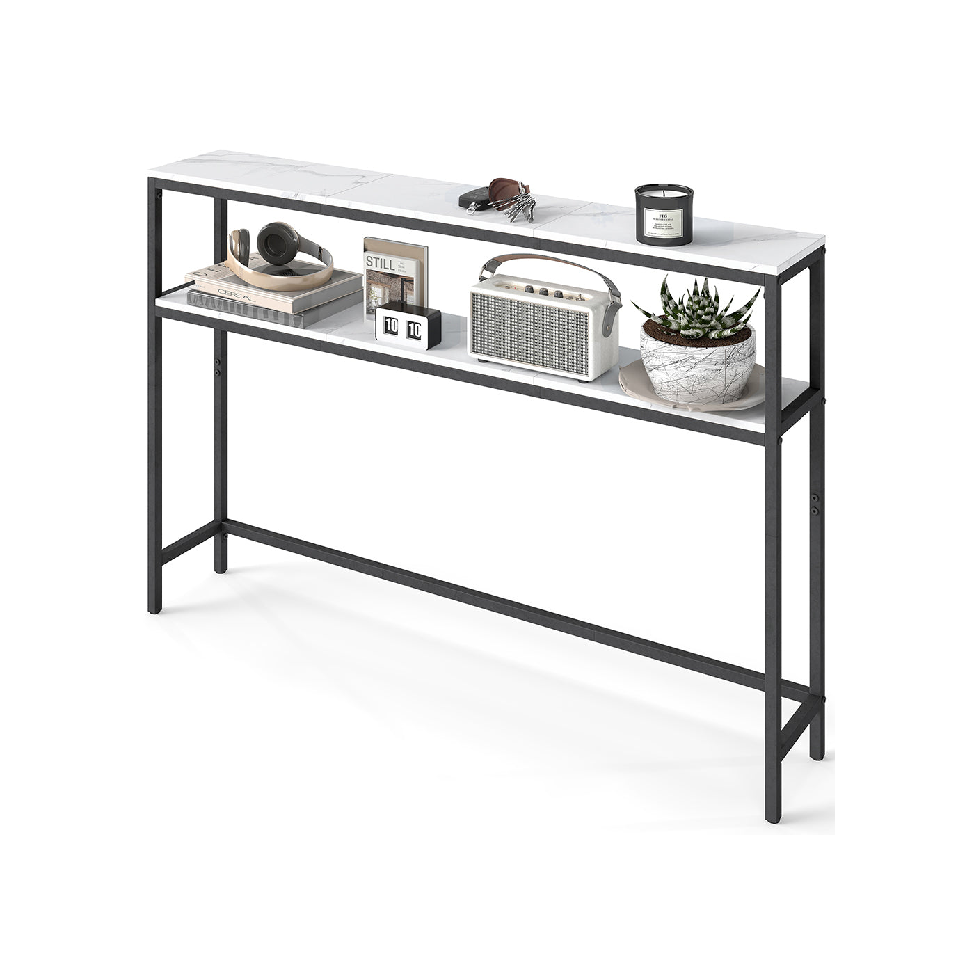 2-Tier Console Table - Marble - White and Black - Slim Design with 2 Shelves