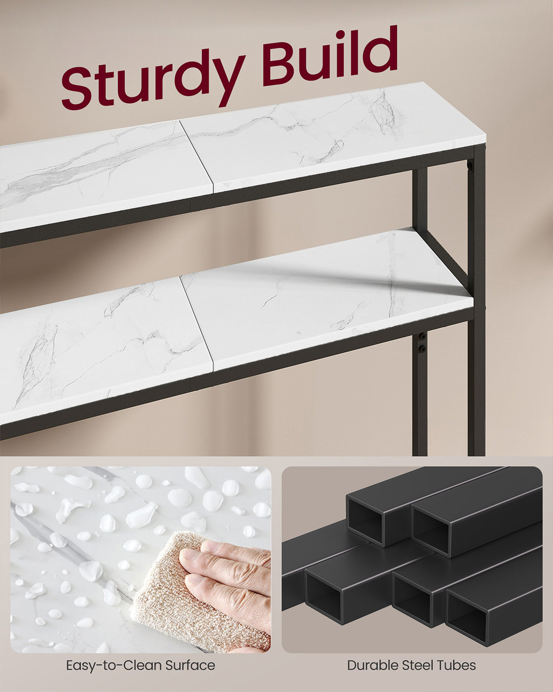 2-Tier Console Table - Marble - White and Black - Slim Design with 2 Shelves