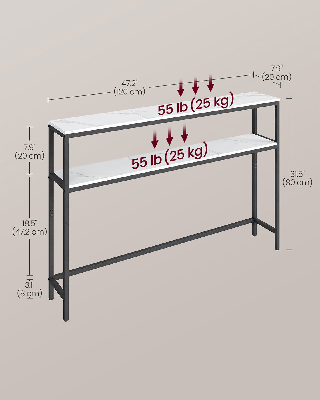 2-Tier Console Table - Marble - White and Black - Slim Design with 2 Shelves
