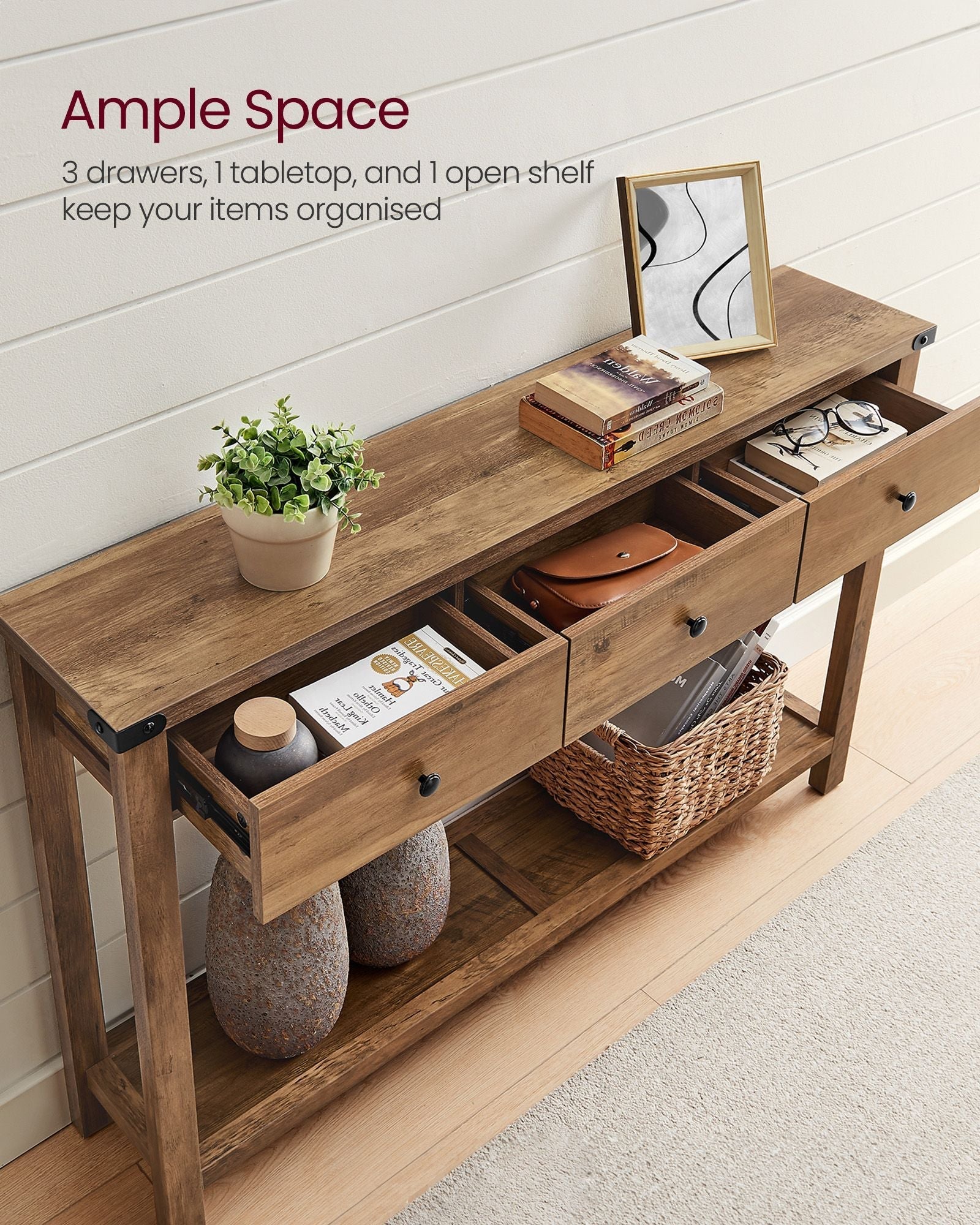 Console Table - Wood - Rustic Walnut - 3 Drawers with Open Shelf