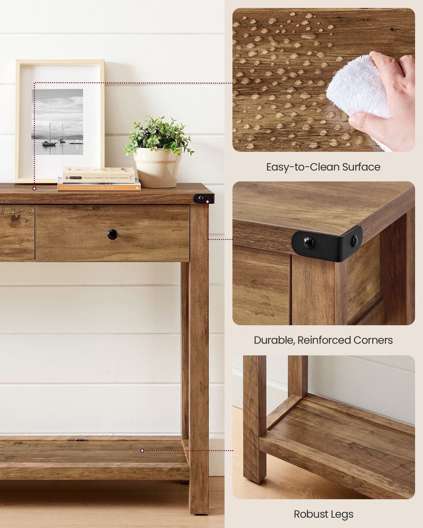 Console Table - Wood - Rustic Walnut - 3 Drawers with Open Shelf