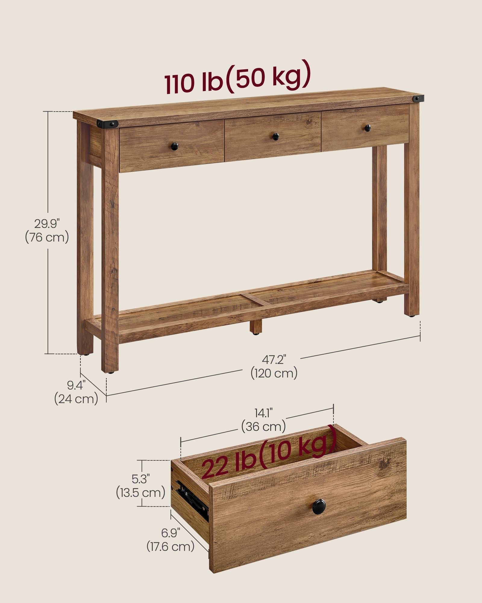 Console Table - Wood - Rustic Walnut - 3 Drawers with Open Shelf