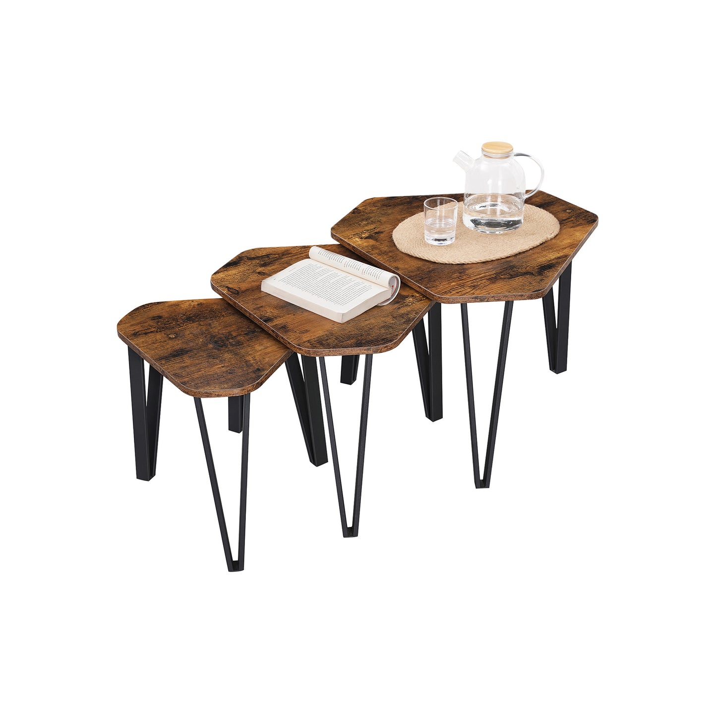 Set of 3 Nesting Coffee Table - Particleboard and Steel - Rustic Brown