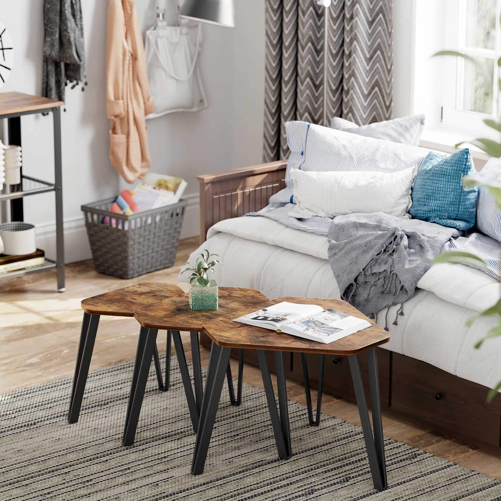 Set of 3 Nesting Coffee Table - Particleboard and Steel - Rustic Brown