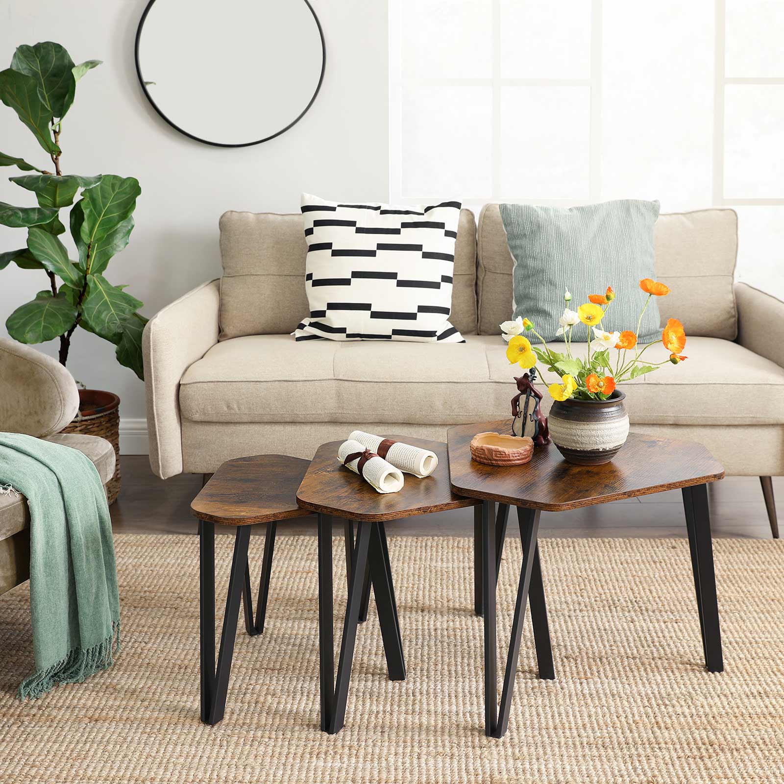 Set of 3 Nesting Coffee Table - Particleboard and Steel - Rustic Brown